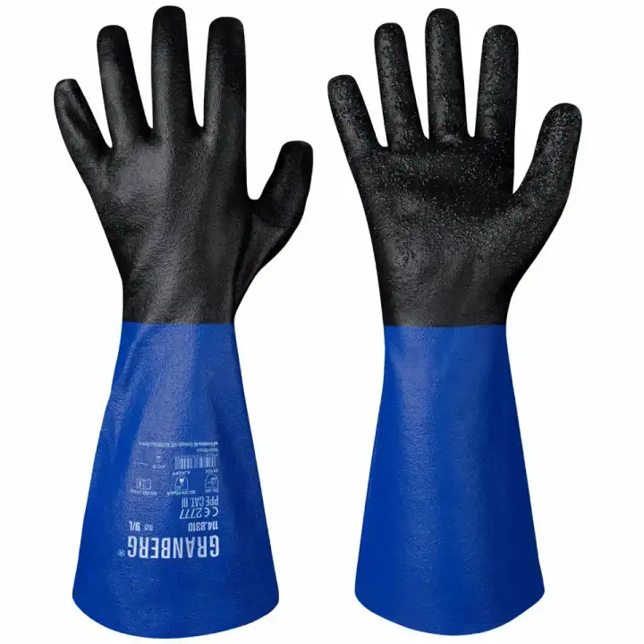 GRANBERG 8310 black and blue lined nitrile chemical-resistant glove with 38 cm cuff and granulated grip